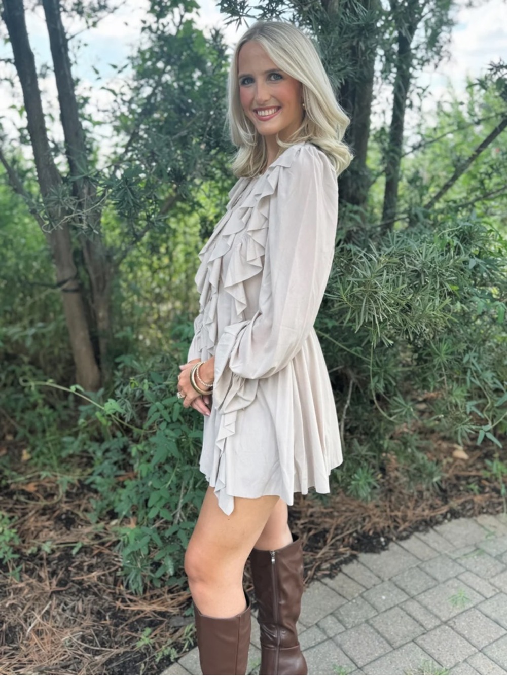 Ruffle Front Long Sleeve Mini Dress in Light Gray - Picture 2 of 5